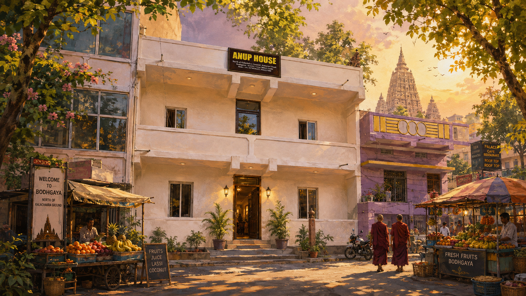 Illustrated street scene of Anup House in Bodhgaya
