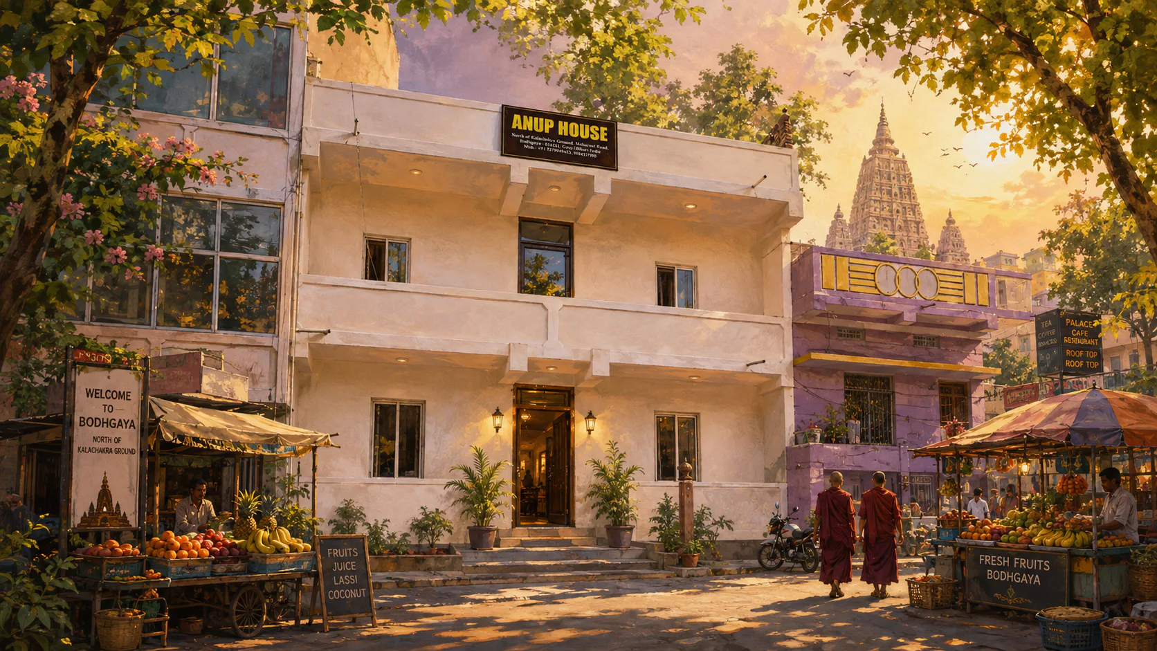 Illustrated street scene of Anup House in Bodhgaya